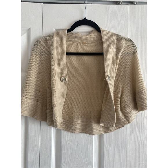 Elizabeth Gillett NYC Tan Knit S/M Bolero Cardigan Timeless Shawl Clasp Front - Picture 5 of 8